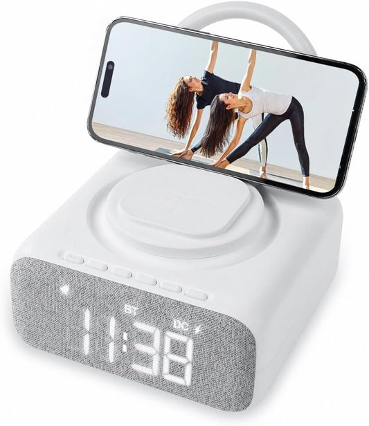 Alarm Clock with Bluetooth Speaker, Dimmable LED Display Super Fast Wireless Charger Station