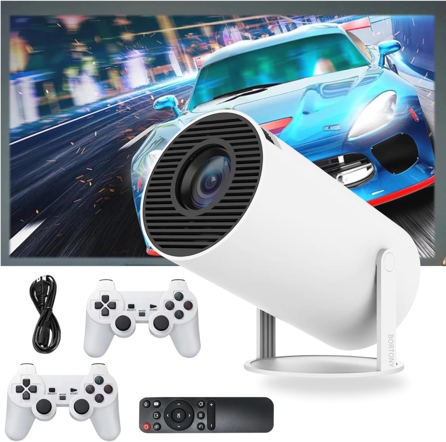 Mini Projector with Controller, 2-in-1 Video Game Projector, 64GB, 10000+ Retro Classic Games, 1080P, WiFi, Bluetooth 5.0, HDMI/USB, Home Theatre