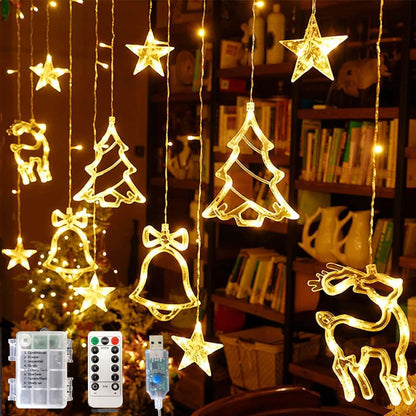 Christmas Curtain Lights,138 LED Christmas String Lights, Bells Light Elk Light, 11.5FT Fairy String Lights with 8 Flashing Modes