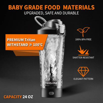 Premium Electric Protein Shaker Bottle, 24 oz Lockable Blender Shaker Bottles