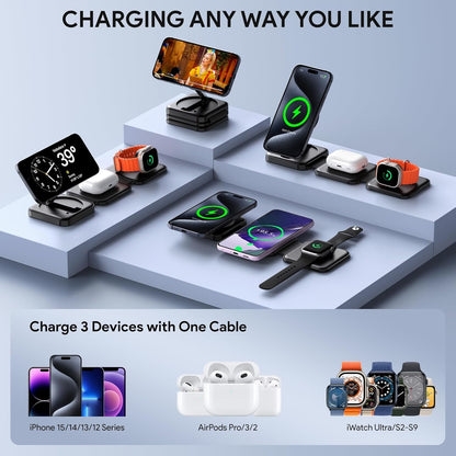 Wireless Charger, Mag-safe Charger, Magnetic Foldable Portable Travel Charger, 3 in 1 Wireless Charging Station