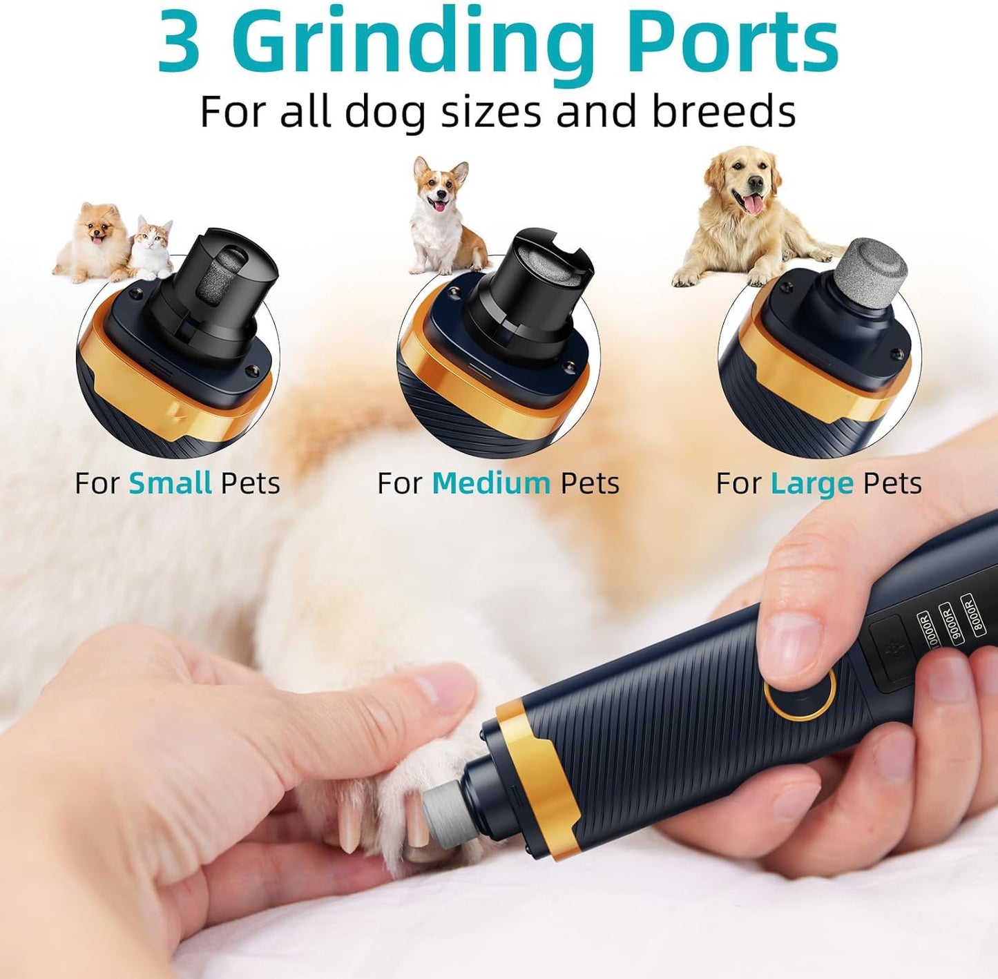 Dog Nail Grinder Quiet, 3 Speed Dog Nail Trimmers with 2 LED Lights, Electric Pet Nail File