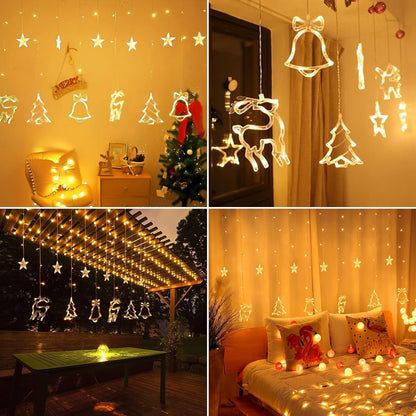 Christmas Curtain Lights,138 LED Christmas String Lights, Bells Light Elk Light, 11.5FT Fairy String Lights with 8 Flashing Modes